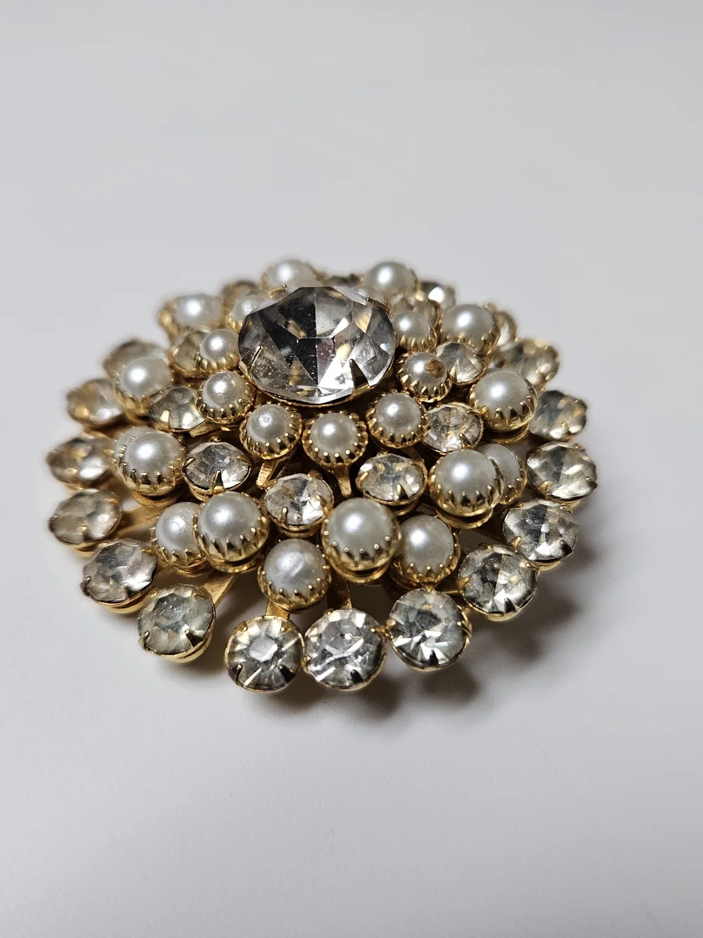 1960s Gold Pearl and Crystal Cluster Brooch - Signed Judy Lee